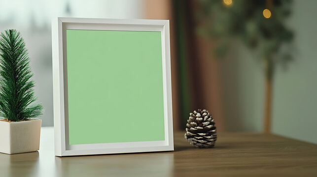 Display a green screen in a white frame beside a pine cone on a wooden table with a miniature christmas tree. Perfect for festive announcements and personalized images.