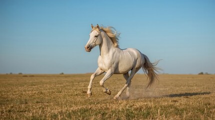 Obraz premium Majestic White Horse Galloping in Open Grassy Field Under Blue Sky - Stunning Nature Photography of Equine Beauty in Motion