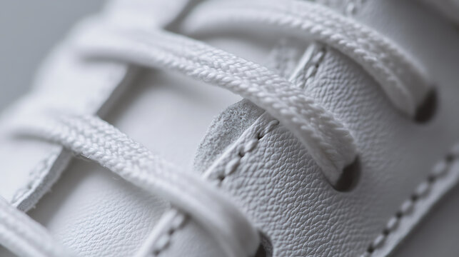 Detailed macro shot of a white shoe, focusing on the texture of the leather and the intricate weaving of the laces. Soft, diffused lighting enhances the texture and adds a modern feel.