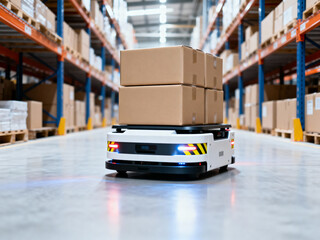 White autonomous mobile robot carrying stacked brown boxes moving down a wide aisle in a large warehouse facility.