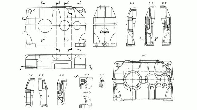 Video animation with engineering mechanical drawing of steel devices - worm gear housing (reducer, gearbox, engine).
Scheme set on paper sheet. Technology background
of machine building industry.