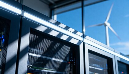 Close-up of server racks in a modern data center with a bright window showing a spinning wind turbine against a blue sky, symbolizing sustainable computing.
