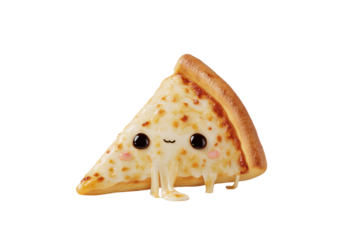 A cute, anthropomorphic pizza slice with big cartoon eyes, a smile, and melted cheese limbs against a solid transparent background. background removed