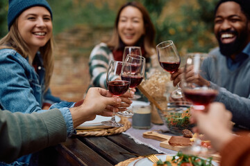 Close up of friends toasting during lunch on patio in autumn.