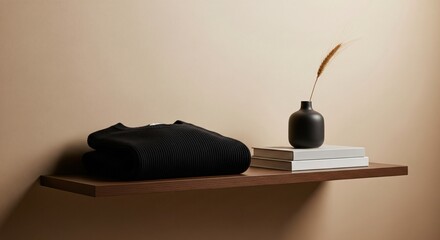 Minimalist home decor still life with a folded black knitted sweater, books, and a vase with dried wheat on a modern wooden shelf. Cozy, hygge interior design concept with a warm, neutral colors