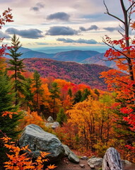 Fototapeta premium Vibrant Autumn Landscape in the Great Smoky Mountains with Distant Mountain Layers