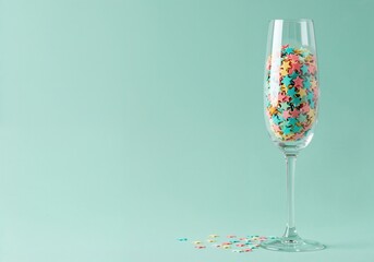 A champagne glass filled with colorful pastel star confetti. Minimalist celebration concept on a mint green background with copy space for text