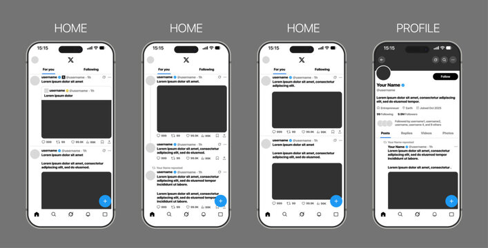 X or Twitter mobile UI mockup with home feed, tweets, threads, replies, retweets, likes, notifications, messages, profile, explore, trending topics modern interactive layout vector illustration