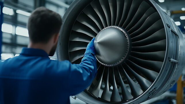 Aircraft engineer maintaining the turbofan jet engine, an amazing work of engineering. Ensuring peak performance and safety is important in the aviation industry.