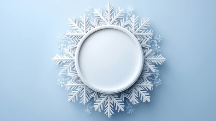 Elegant circular plate surrounded by intricate snowflake decorations on a soft blue background for holiday or winter-themed designs