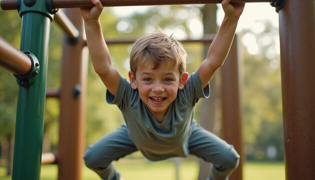 Smiling kid on playground hanging from monkey bars having fun. Smiling kid enjoys outdoor play, strengthening arms and core, laughing while climbing.