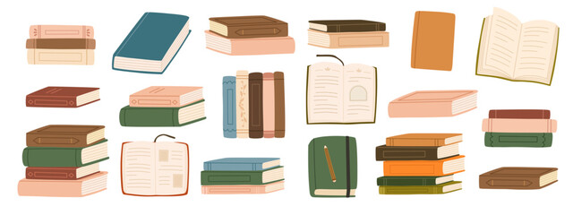 Set of books for reading and learning. Piles of textbooks. Fiction and education literature, novels, encyclopedias for reading and studying. Flat vector illustrations.