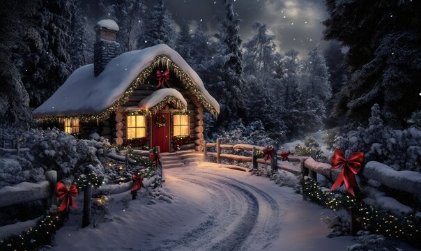Log cabin illuminating a winter forest path during a festive holiday night