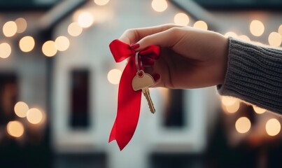 Hand holding a single house key with a red bow as a holiday present
