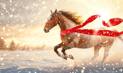 Horse is galloping in fresh snow with a red christmas ribbon at golden hour