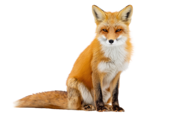 A captivating red fox with a fluffy white chest and dark paws sits, looking directly forward against a solid transparent background. background removed