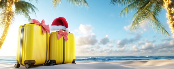 Fototapeta premium Yellow suitcases with santa hat and bows on a sunny beach, celebrating festive season travel