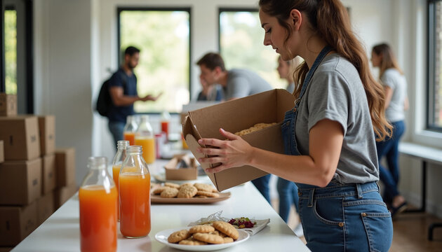 Volunteers packing boxes in a bright space, showing volunteers at work supporting community and charitable drives. These volunteers organize supplies, showcasing volunteers during donation drive.