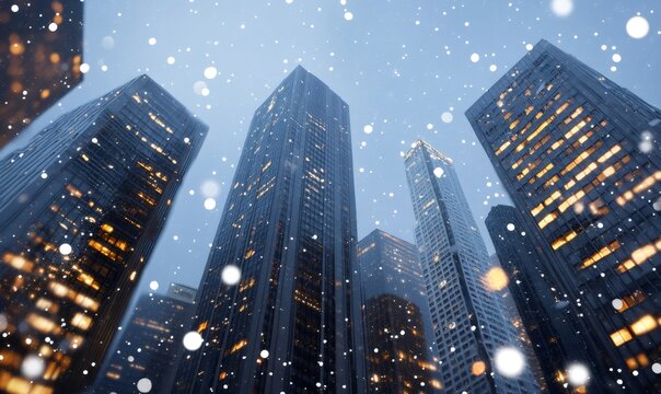 Urban buildings with glowing windows under falling snow at night - Powered by Adobe