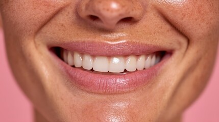 Fototapeta premium Close-up of a joyful woman's smile showcasing healthy teeth and glossy lips against a soft pink background highlighting beauty and happiness