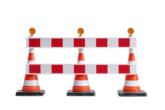 A red and white road barrier with three traffic cones and amber warning lights, marking a construction or hazard area. background removed