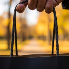 Close-up of a person's hand holding a black paper shopping bag against a blurred golden bokeh background of an autumn park. Concept for seasonal sales, consumerism, retail therapy, and Black Friday