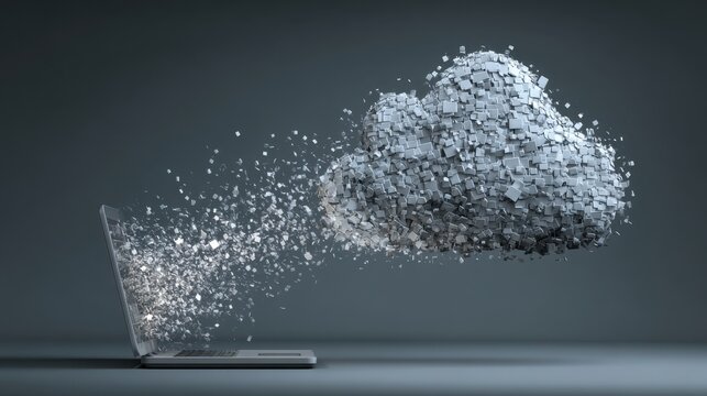 Abstract representation of digital cloud technology emerging from a laptop, illustrating data transfer, storage, and connectivity in a modern workspace