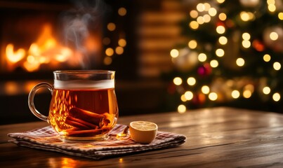 Steaming drink with cinnamon and lemon on a table, with a fireplace and christmas tree in background