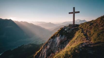Scenic Mountain View with Wooden Cross at Sunrise Surrounded by Majestic Hills and Soft Mist Perfect for Peaceful Reflection and Spiritual Journey