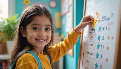 Little girl sticking reward star on progress chart in classroom. Reward star motivates child during elementary school and early education activities.