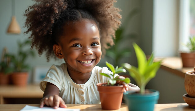 Smiling child plants small sprouts in ceramic pots, indoors on light wooden desk. Child plants with enthusiasm, focused on cultivating miniature plants and seedlings with care. Child plants seedlings,