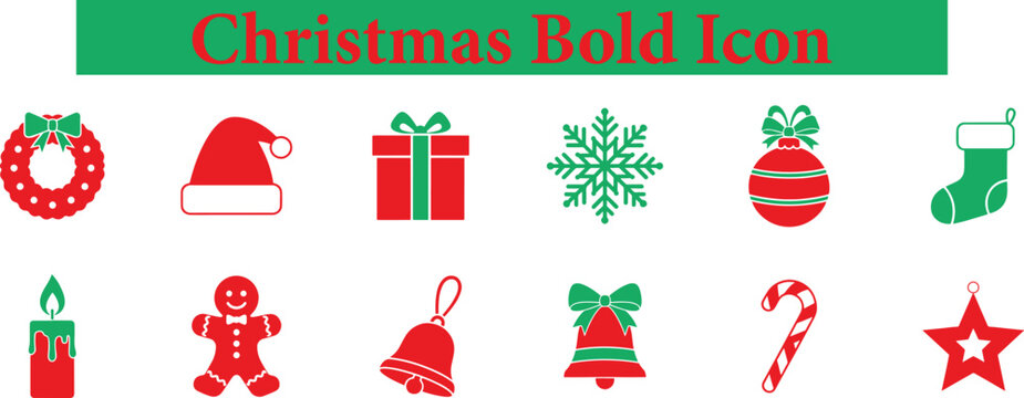 Collection of Christmas bold icons including a wreath, Santa hat, gift box, snowflake, ornament, stocking, candle, gingerbread man, bell, candy cane, and star, all isolated on a transparent background