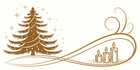 Monochrome Christmas greeting card design with stylized tree, three advent candles, and ornamental scrollwork