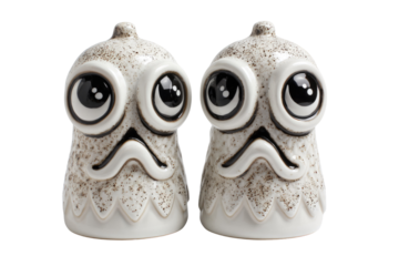 Two whimsical ceramic figures, speckled with wide black eyes and a sad expression, resembling unique salt and pepper shakers or decorative art. background removed
