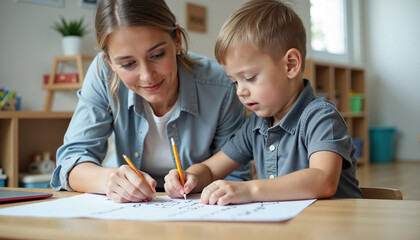 Child drawing with mother, creative activities at home involve child drawing with mother in a joyful environment, promoting learning together. Child drawing involves pencil sketches and paper art.