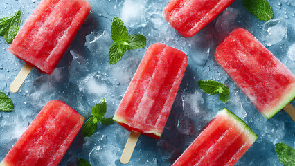 Refreshing Watermelon Popsicles on a bed of ice cubes and mint leaves, perfect for a hot summer day