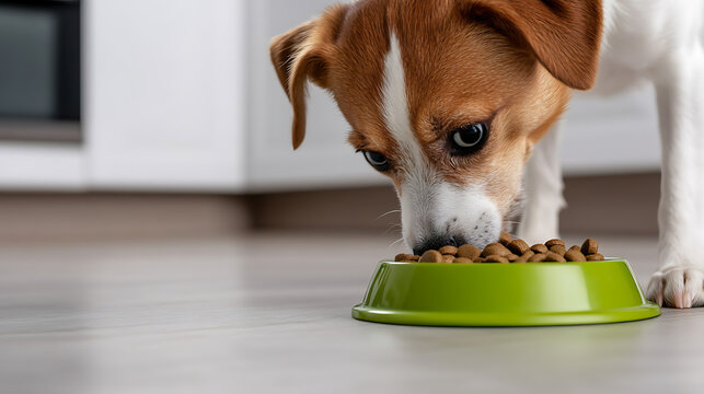 A small brown and white dog is eating from a green pet bowl. The dog is indoors, standing on a gray floor in a modern house. The pup is focused on eating the brown, round dog food. - Powered by Adobe