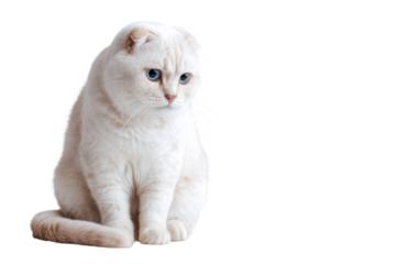 A beautiful white Scottish Fold cat with striking blue eyes sits calmly, gazing downwards, against a solid transparent background, showing its unique folded ears. background removed
