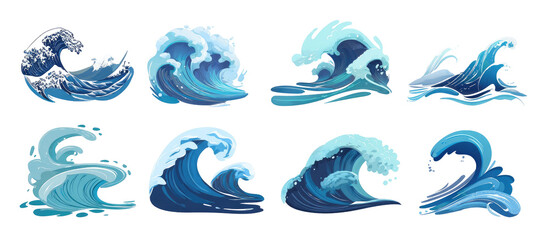 Fototapeta premium Nine stylized, pixel-art ocean waves in varying forms. Different shades of blue depict the movement and texture of water