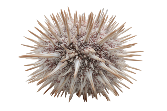 An intricate close-up of a dried sea urchin shell, showcasing its sharp, light-colored spines and textured surface against a transparent background. background removed