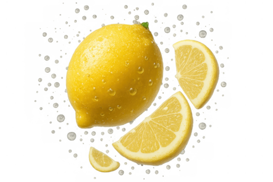 Fresh yellow lemon and bright citrus slices, adorned with glistening droplets of water, floating on a clear surface - Powered by Adobe