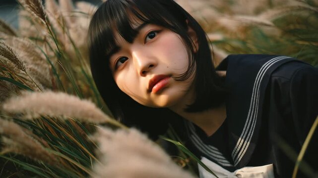 少女がすすきに横たわる放課後の静けさの風