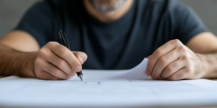 An individual deeply engrossed in drafting detailed blueprints, the focused hands and the technical drawings creating a scene of architectural precision. The black pen adds a striking contrast.