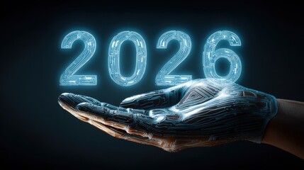 Futuristic Hand Reaching Out with Digital Elements Representing the Year 2026 in a Technological and Innovative Conceptual Environment