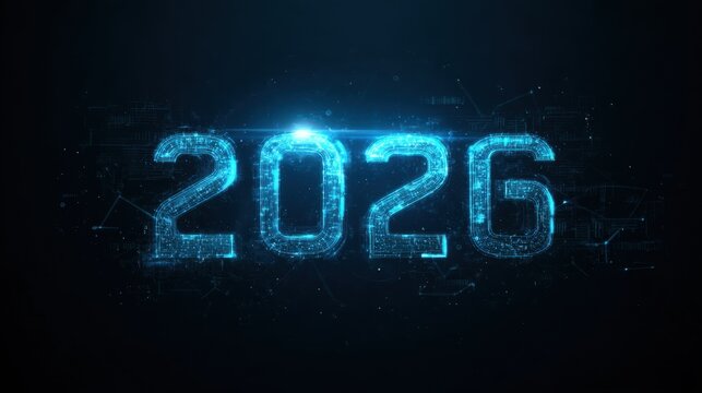 Futuristic Digital Representation of the Year 2026 with Glowing Blue Elements and Abstract Technology Background