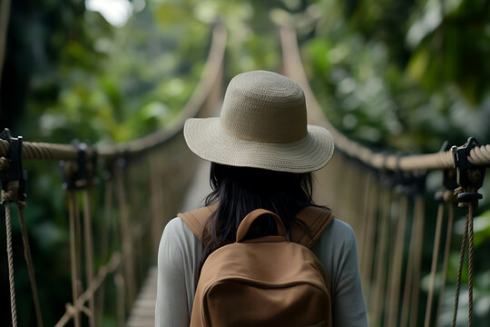 Fototapeta Embarking on a jungle trek, a lone traveler crosses a rope bridge amidst verdant foliage. Backpack, hat, and serene determination define this adventurous spirit.