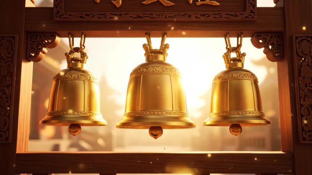 Glistening golden temple bells hanging in a row, bathed in warm, soft light