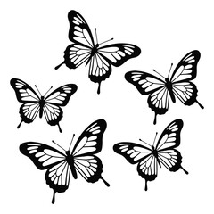 Black flying butterflies silhouette set isolated on white background. Set of butterfly in flight silhouettes. Set of butterflies. Butterfly silhouette icons set.