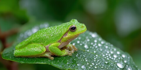 Naklejka premium nature photography, a vibrant green tree frog perched on a dewy leaf in a texas forest after rain, showcasing intricate water droplets and the frogs smooth skin