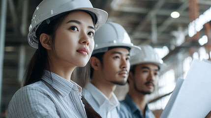 Diverse team of engineers in hard hats at a construction site, reviewing plans. Focused on safety and precision for project excellence. Collaboration and innovation at work.